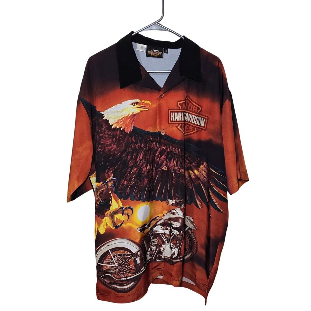 Harley Davidson Men’s Eagle Motorcycle All Over Print Button Up Vintage Sz 2XL